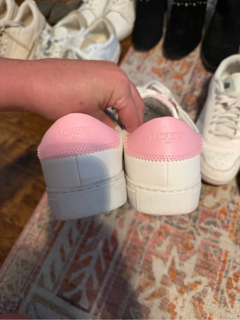 J. Crew Factory White Sneakers with Pink Heel and Multi-Stripe Detail